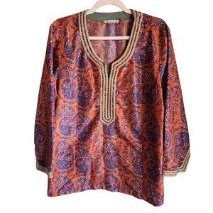 Soft Surroundings Shirt XL Orange Paisley Women's Gold Long Sleeve Top Blouse